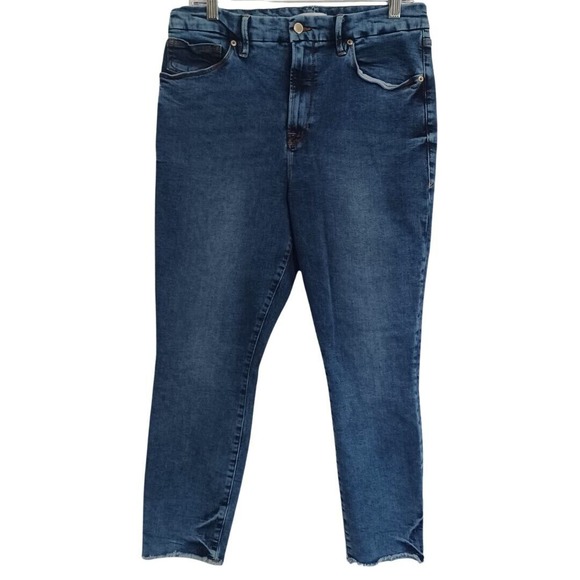 Good American Denim - Good American Junior's Size 15 Good Waist Skinny Crop Jeans Medium Blue Raw Hem